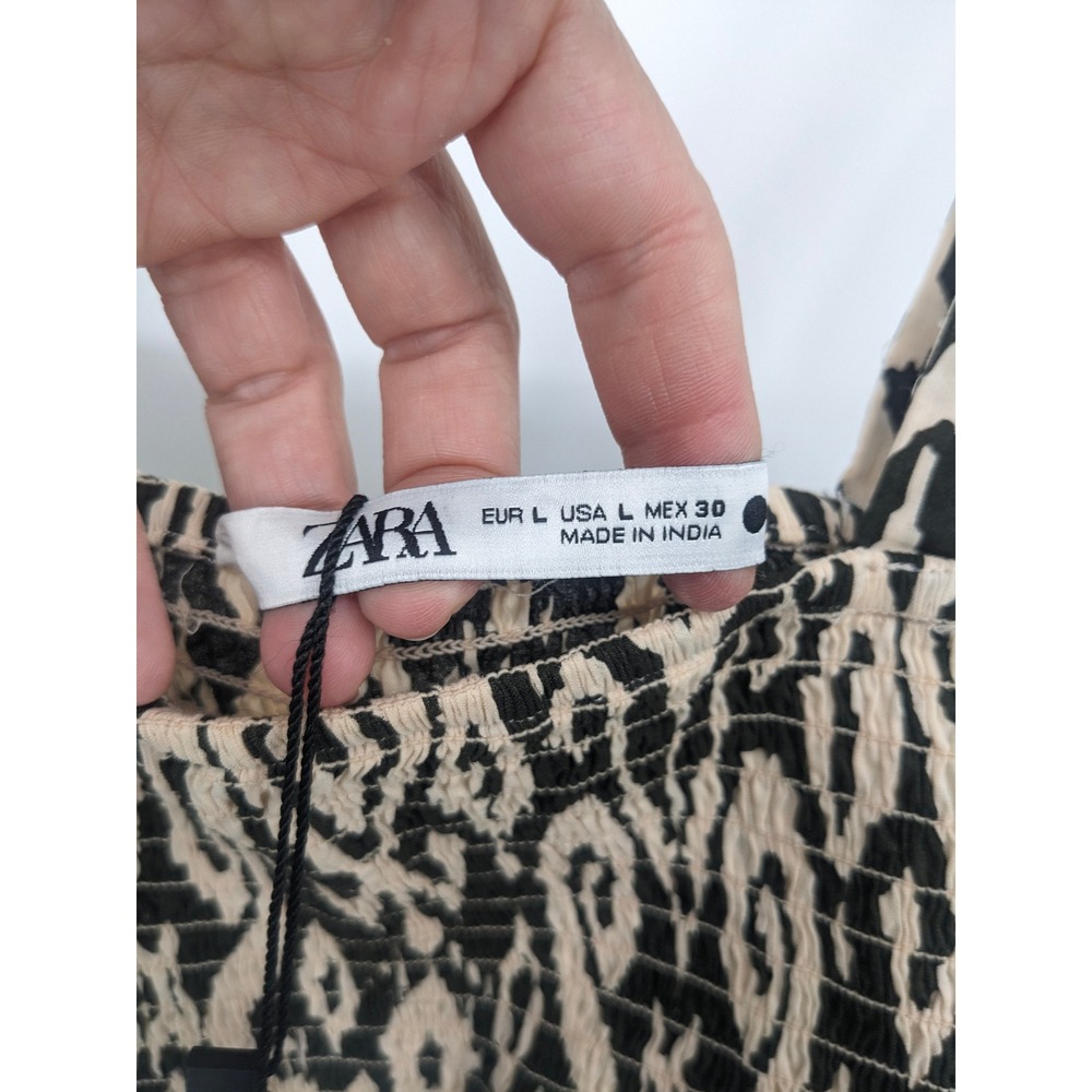 Zara Womens‎ Smocked Ikat Print Crop Top Black Beige Cotton Stretch Large NWT - Picture 3 of 9
